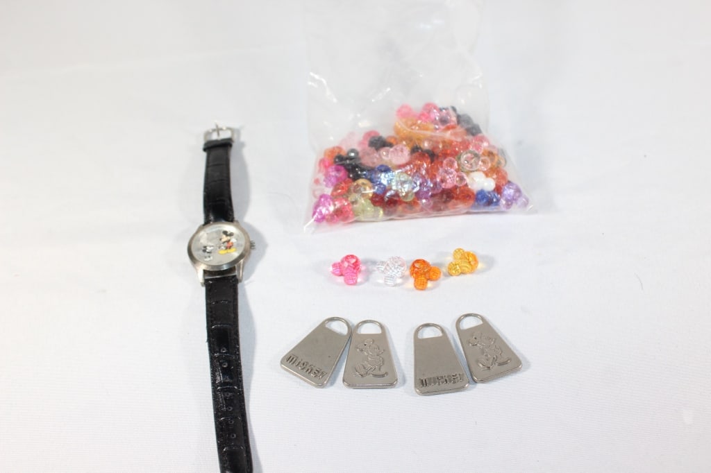 Mickey Mouse Watch, Metal Mickey Tags, Beads: good overall as pictured