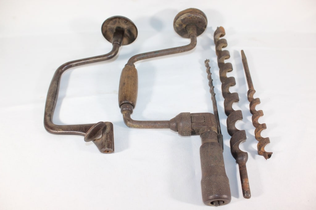 Pair of Antique Hand Crank/Manual Drills, Bits (1 of 2)