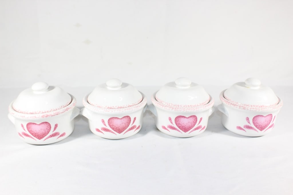 Lot of 4 Stoneware Small Covered Dishes: Good overall as pictured