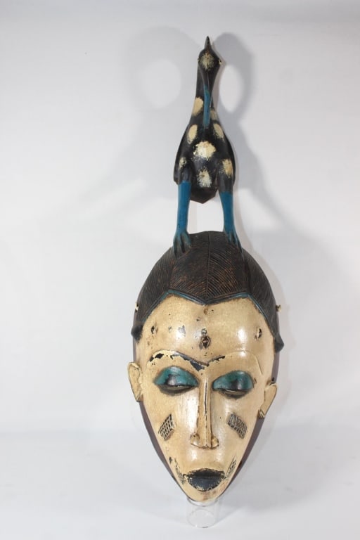 Ivory Coast W, Africa Tribal Wood Mask 23" w/bird: La Cote D Lvoire; good overall as pictured