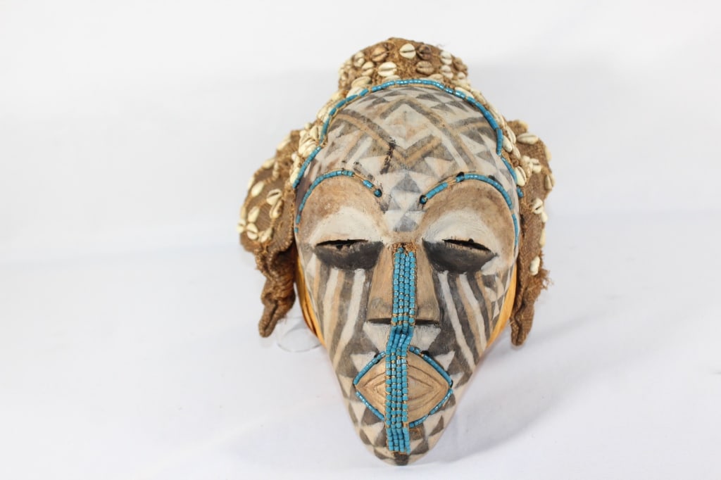 Kuba Ngaady Amwaash Mask Congo 14": hand beaded and with seashells; Good overall as pictured