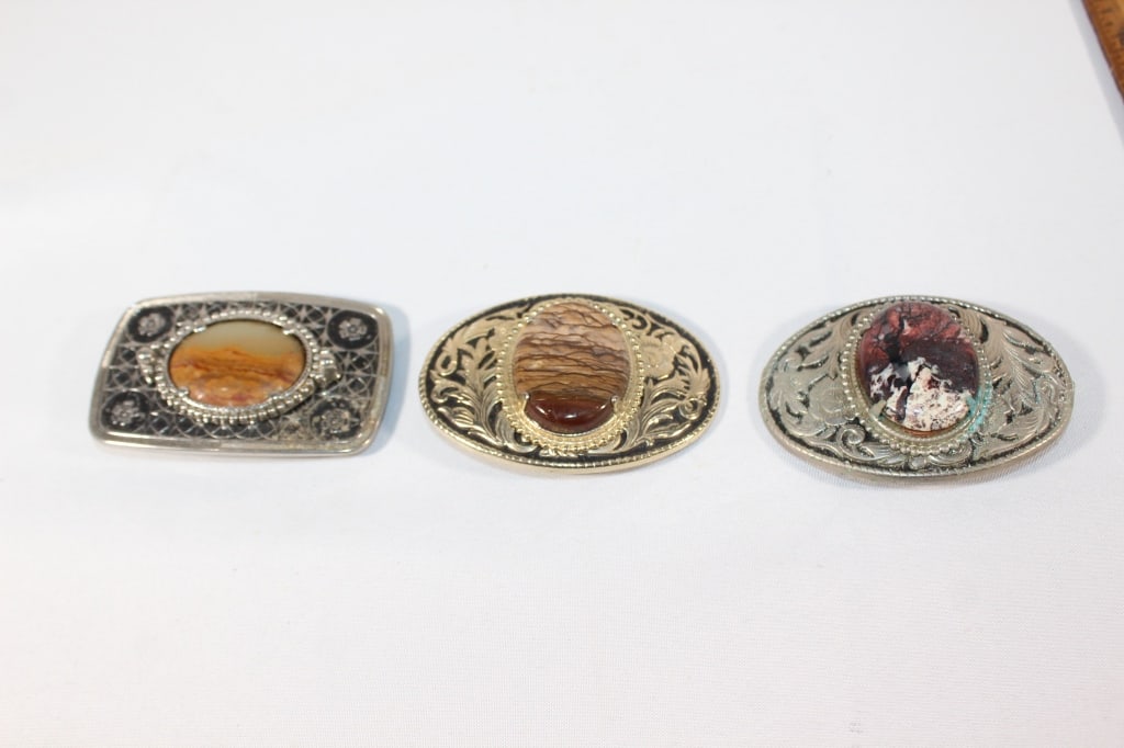 Lot of 3 Stone Belt Buckles: Good overall as pictured