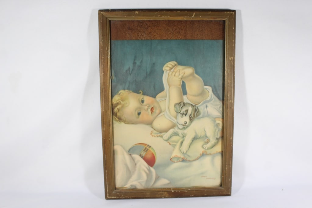 1930s Loren Holmwood Litho Print Baby & Dog: measures about 13 inches wide by 20 inches tall framed