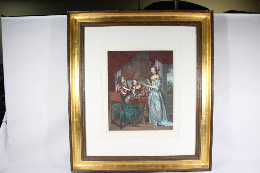 Jean Touze Hand Colored Engraving: measures about 22 3/4 inches wide by 25 3/4 inches tall framed