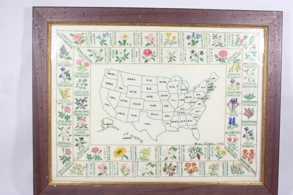 Embroidered USA Map with Wildflowers: measures about 27 1/ 2 inches wide by 21 inches tall framed
