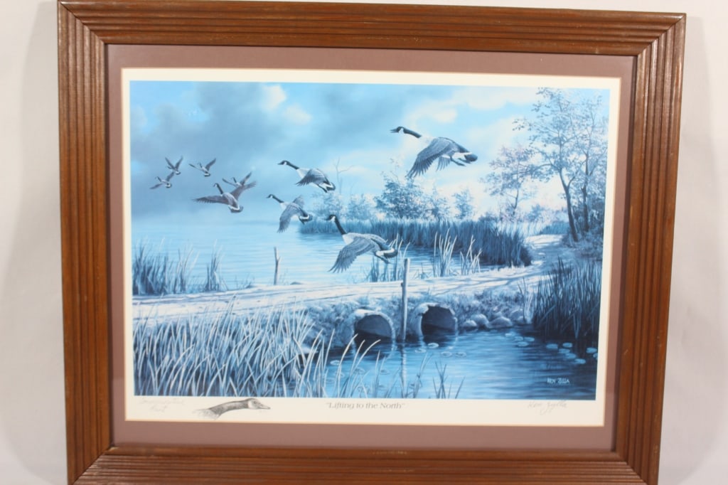 Ken Zylla Lifting to the North Commemorative Print: Signed and geese drawing in lower left, measures about 20 inches by 16 1/2 inches framed