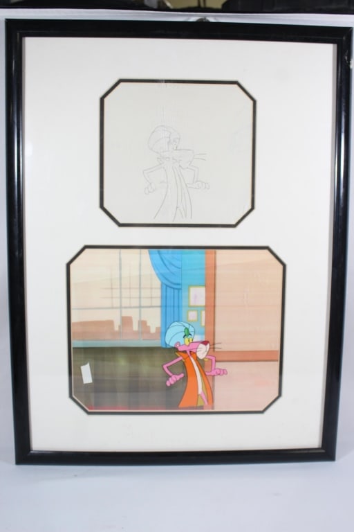 Pink Panther Production Cell with Sketch: by Friz Freleng - in poster frame, measures about 19 x 25 inches in frame