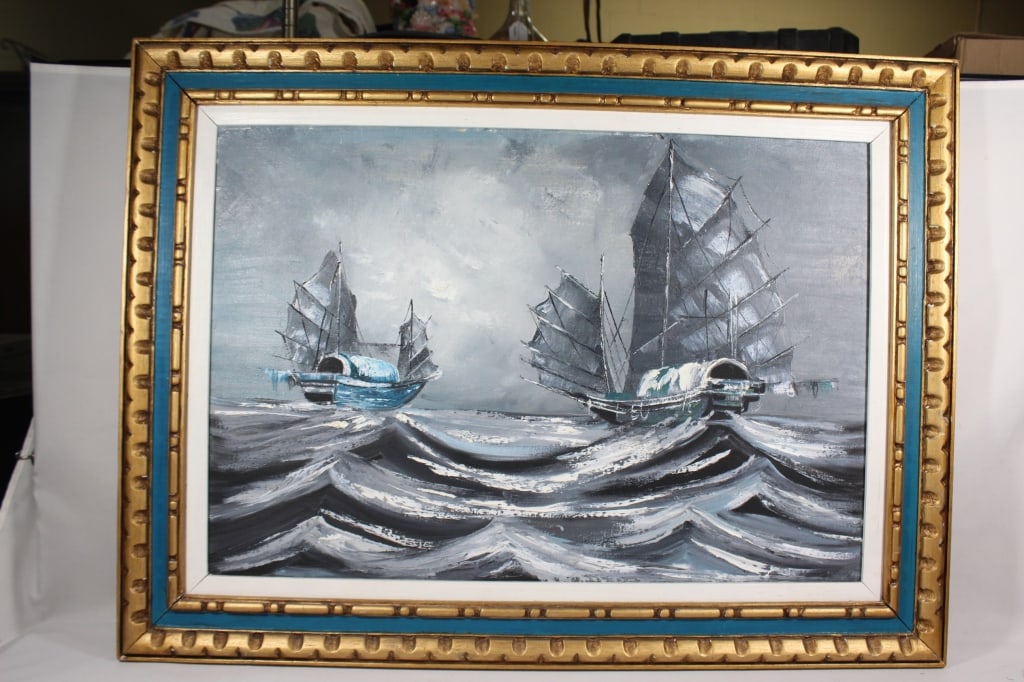 Large Asian Painting of Chinese Junks - Boats (1 of 2)