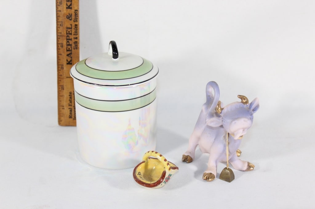 1920s Unity cream jar,VTG cow,small Basket: Good overall as pictured