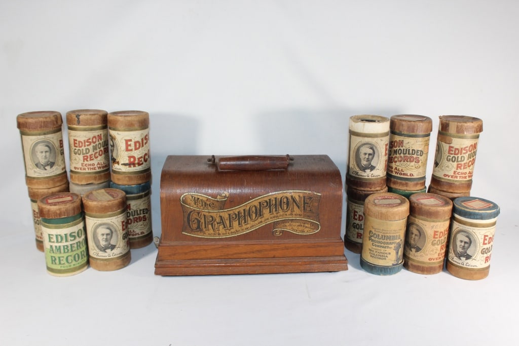 Graphophone with Case and Lot of Edison Records (1 of 4)