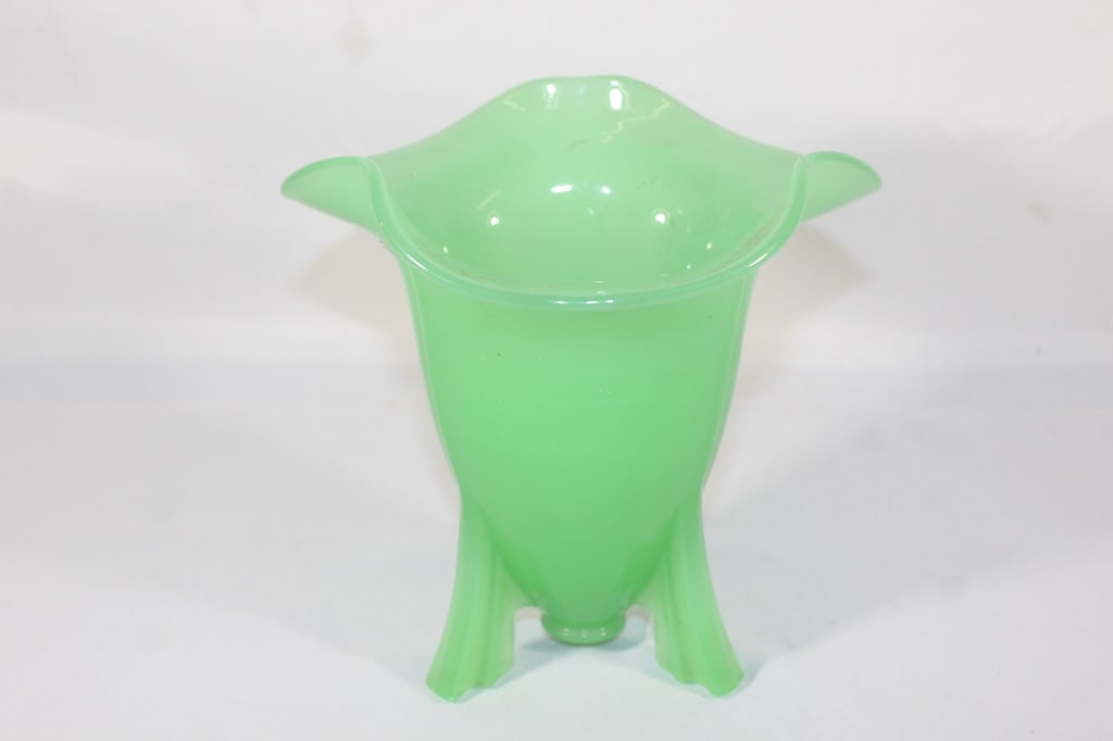 Vaseline Ruffled Three Footed Vase (1 of 5)