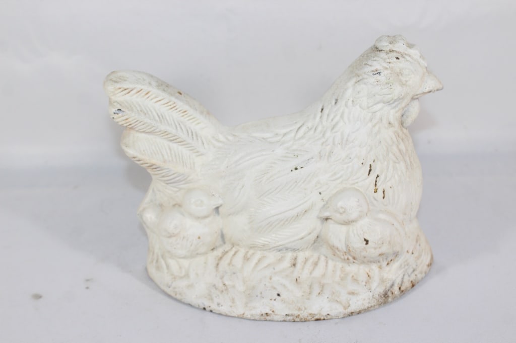Vintage White Cast Iron Chicken wchicks Door Stop: Good overall as pictured