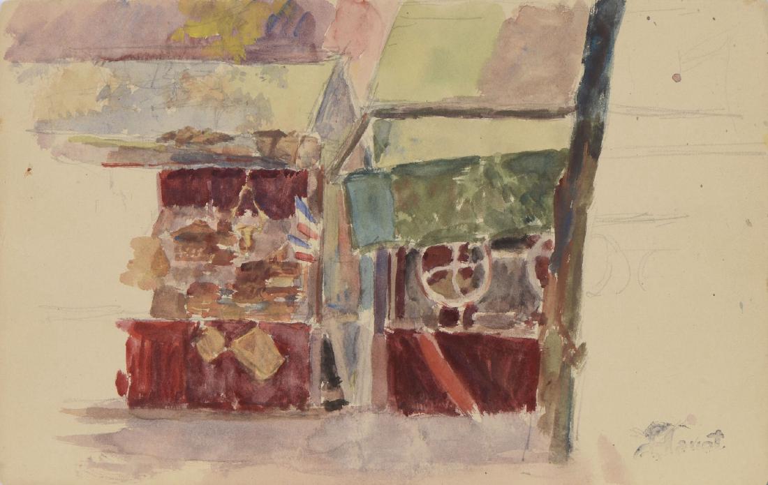 Louis Hayet 1864-1940 (French): **Louis Hayet 1864-1940 (French) The market, 1884-85 watercolor on paper 15 x 23 cm (6 x 9 in.) stamped with signature stamp lower right Other Notes: Location: Europe. For estimated delivery time plea