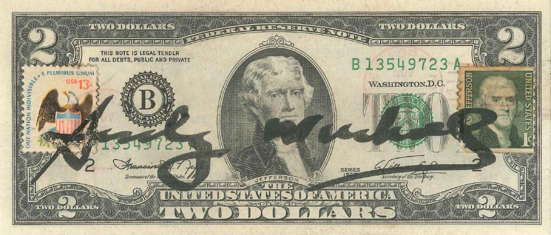 Andy Warhol 1928-1987 (American): **Andy Warhol 1928-1987 (American) Two dollars bill, Thomas Jefferson, c.1975-1980 black marker on two dollars bill 7 x 16 cm (3 x 6 in.) signed in the center and stamped twice with signature stamp on