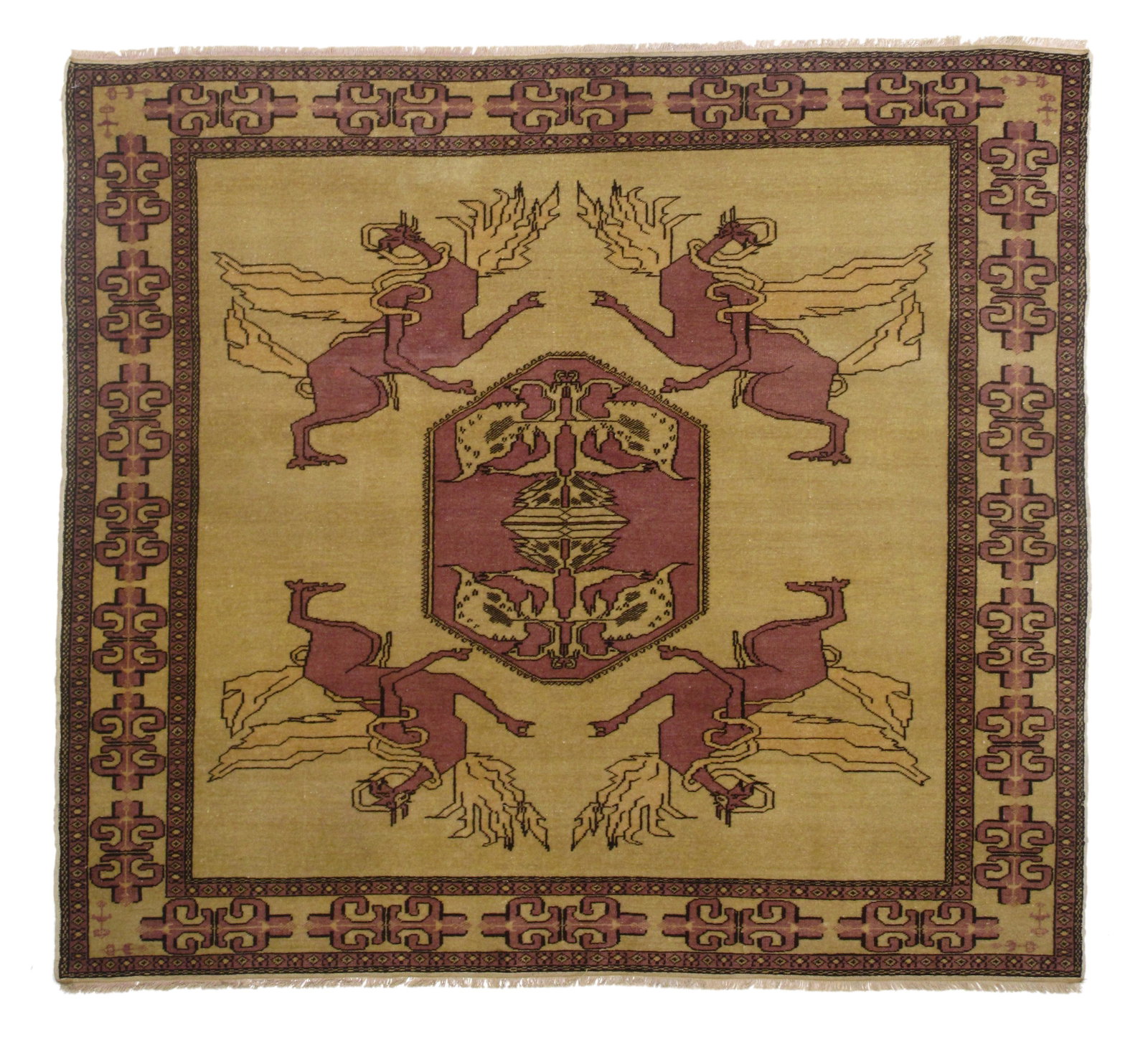Fine Antique Fessaneh Turkish: Fine Antique Fessaneh Turkish - BG Color: Yellow/Purple - BR Color: Yellow/Purple - Size: 3'6 x 3'9" - Wool on Cotton