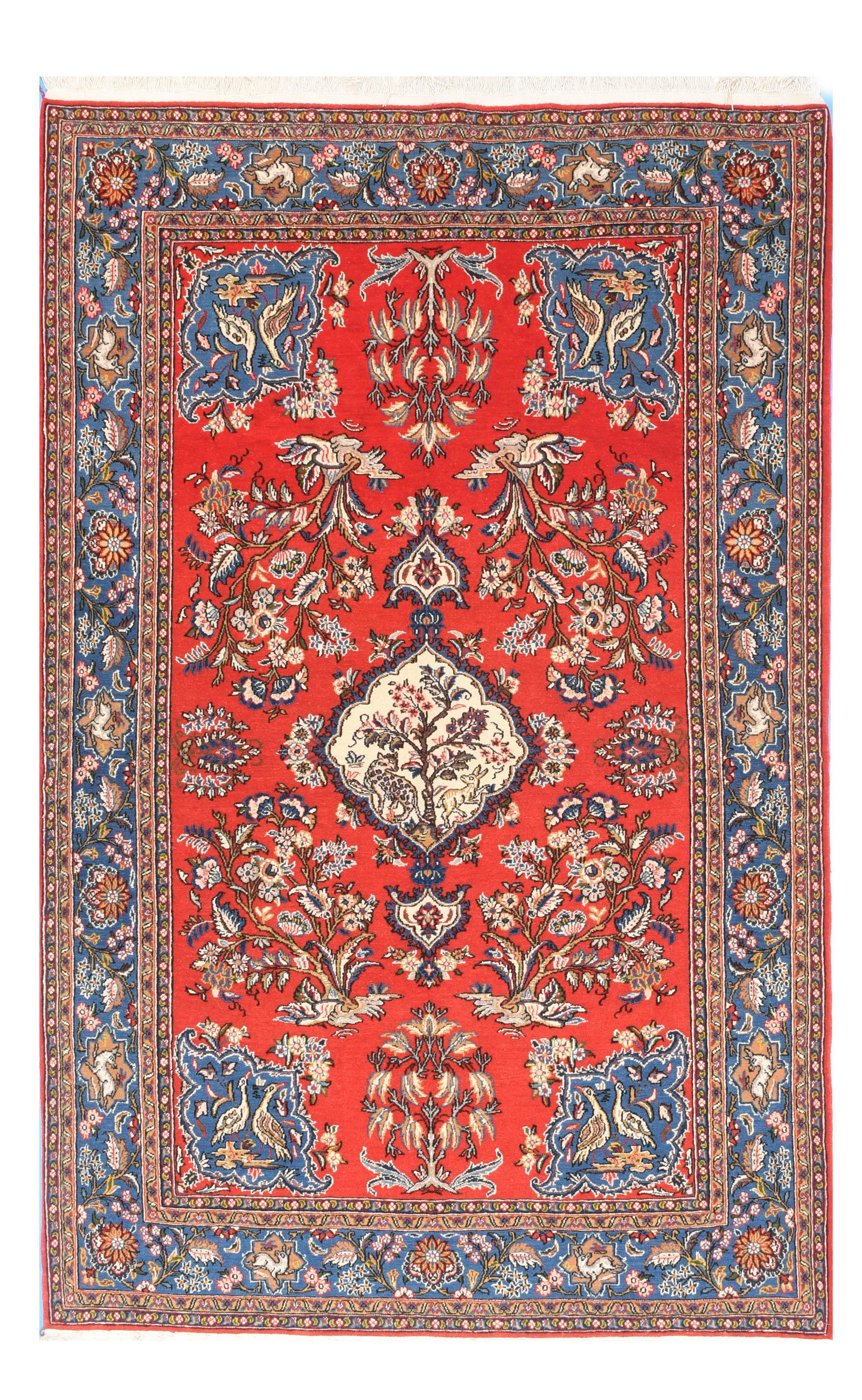 Fine Vintage Qum 4'7'' X 7'5'': A finely woven central Persian urban scatter with an unexpected palette of red-orange, cerulean blue and cream, displayed on a small, scalloped medallion field, with surrounding floral sprays. In the 