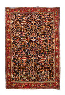 Antique Farahan Sarouk Rug, 4'2'' x 6'7'': This c. 1900 finely woven scatter from a village context in western Persia features a deep indigo navy ground with a delicate, but vigorous arabesquerie overlaying a small rosette and flower