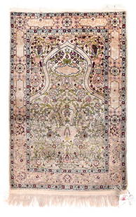 Fine Silk Hereke Rug, 2'7" x 4'0": A group of 16th century Persian small rugs, mostly in niche designs and preserved in the Topkapi palace museum, inspired the modern weavers of Hereke near Istanbul, and this small scatter is one of