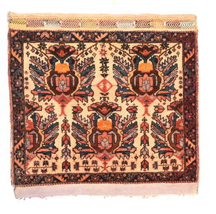 Antique Afshar Rug, 2'3'' x 2'2'': One of a pair of saddlebag (khurdgin) pile face panels, this SE Persian tribal artifact showstwo rows of a giant petal palmette pattern on an old ivory ground, with accents in red, teal, rose,