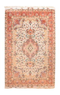 Extremely Fine Tabriz Rug, 6'7'' x 10'2'': Elaboration knows no bounds on this very finely woven, NW Persian urban carpet with an eggshell sub-field hosting myriads of racemes, vinery segments, palmettes and botehs. The artistically nested