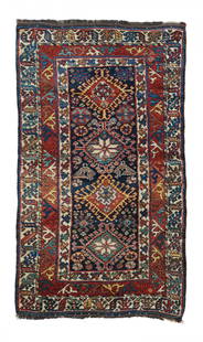 Antique Tribal Lori Rug, 3'5'' x 6'5'': This nearly shaggy pile southwest Persian nomadic scatter presents a navy field with four charmingly irregular hooked lozenges in red, ivory, straw, teal and abrashed light blue. Two perky peacocks,