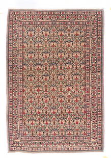 Antique Tehran Rug, 4'5'' x 6'7'': All eggshell, field and borders, with small, dense, allover textile patterns of, in the field, a skeletal escutcheon and cartouche lattice enclosing tiny red vases and peacock tail palmettes, and