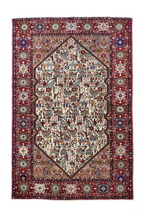 Vintage Tafresh Rug, 4'3" x 6'5": The indented pointed ivory hexagonal subfield displays leaves, flowers and oblique vines in a semi-geometric manner on this well-woven asymmetrically knotted, cotton foundation scatter. The light