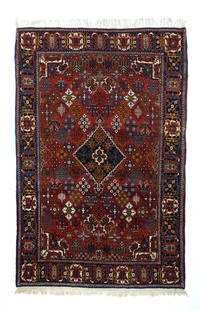 Antique Joshagan Rug, 4'3" x 6'7": Joshogan ((Joshagan), in central Persia specializes in only a few designs, especially one derived from Safavid originals, consisting of diamond or lozenge-shaped floret arrays, often around a