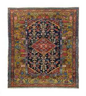 Antique Heriz Rug, 4'6'' x 5'4'': This squarish NW Persian village scatter on a cotton foundation mixes a dark blue stretched octagonal field with the Goil Hennai (Hemp flower) pattern underlying a red lozenge-shaped small medallion,