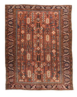 Antique Heriz Rug, 8'6'' x 10'11'': Of moderately coarse weave on cotton, this semi-geometric rust-red ground village carpet features six full field length poles with pinecones, Maltese crosses and formal palmettes. Abrashed sapphire