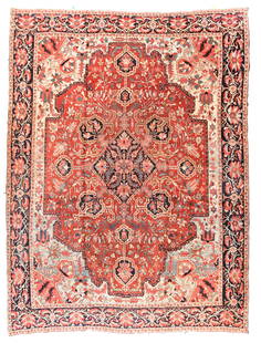 Antique Heriz Rug, 11'8'' x 15'8'': An old ivory to powder blue field with palmettes and pendanted corners supports the tomato red indented subfield with a central nave four palmette diamond medallion and eight navy palmette 