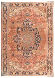 Antique Farahan Sarouk Rug, 13'2'' x 19'0'': The tall, navy pointed octogramme medallion is detailed with palmettes growing from the longer points of the 16 point central rust sub-medallion. At ech internal end of the medallion are off white