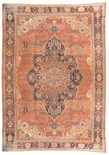 Antique Farahan Sarouk Rug, 13'2'' x 19'0'': The tall, navy pointed octogramme medallion is detailed with palmettes growing from the longer points of the 16 point central rust sub-medallion. At ech internal end of the medallion are off white