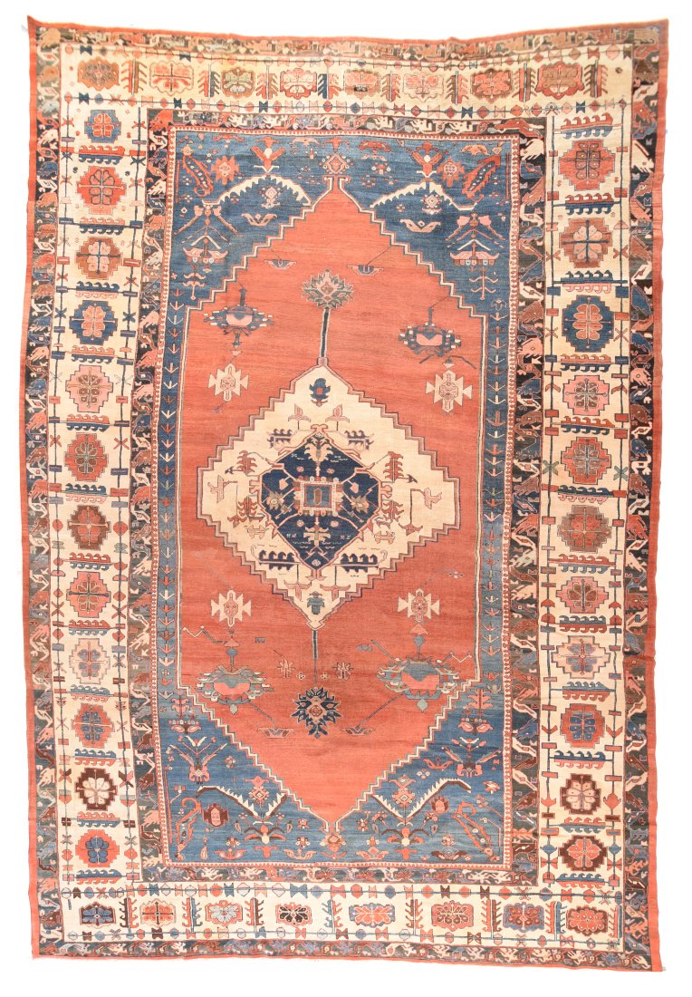 Antique Bakhshaish Rug, 11'4" X 17'2": From the “Bakshaish” period just before 1900, this attractive rustic NW Persian carpet features a medium blue field expanding to triangular corners with large leaf plants, while supporting