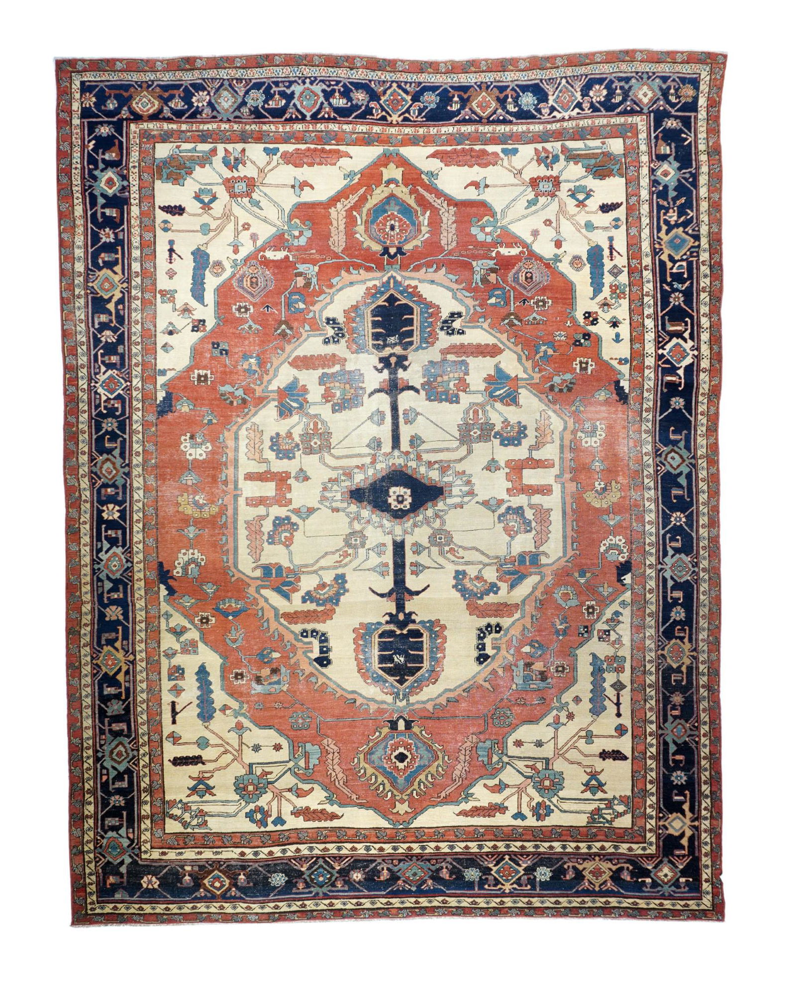 Antique Bakhshayesh Rug, 9'4" x 12'7" ( 2.84 x 3.84 M ): A relatively early medallion Herz carpet, still noble despite the spot wear, which shows a rust-red madder field supporting a cream medallion with a ragged fringe outline. Palmette pendants inside and