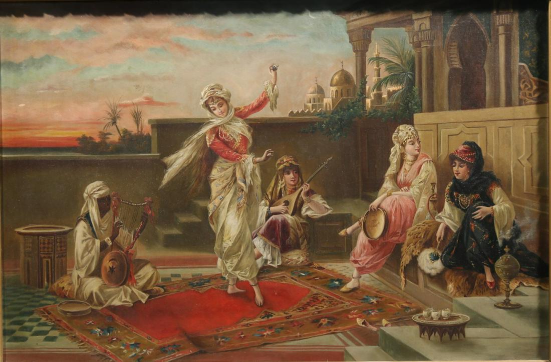 After Luigi Crosio, Oil on Canvas : Luigi Crosio (Italian, 1835-1916) Oil on canvas 20" x 33.75" Frame: 27.25" x 38.5" Moorish Scene The Dancer