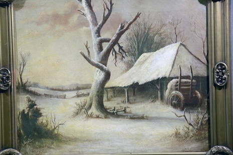 John Willard Raught, Oil on Canvas: John Willard Raught oil on canvas landscape with barn. Signed Willard J. Raught 1875 22" x 27" Frame: 27.5" x 31.5"