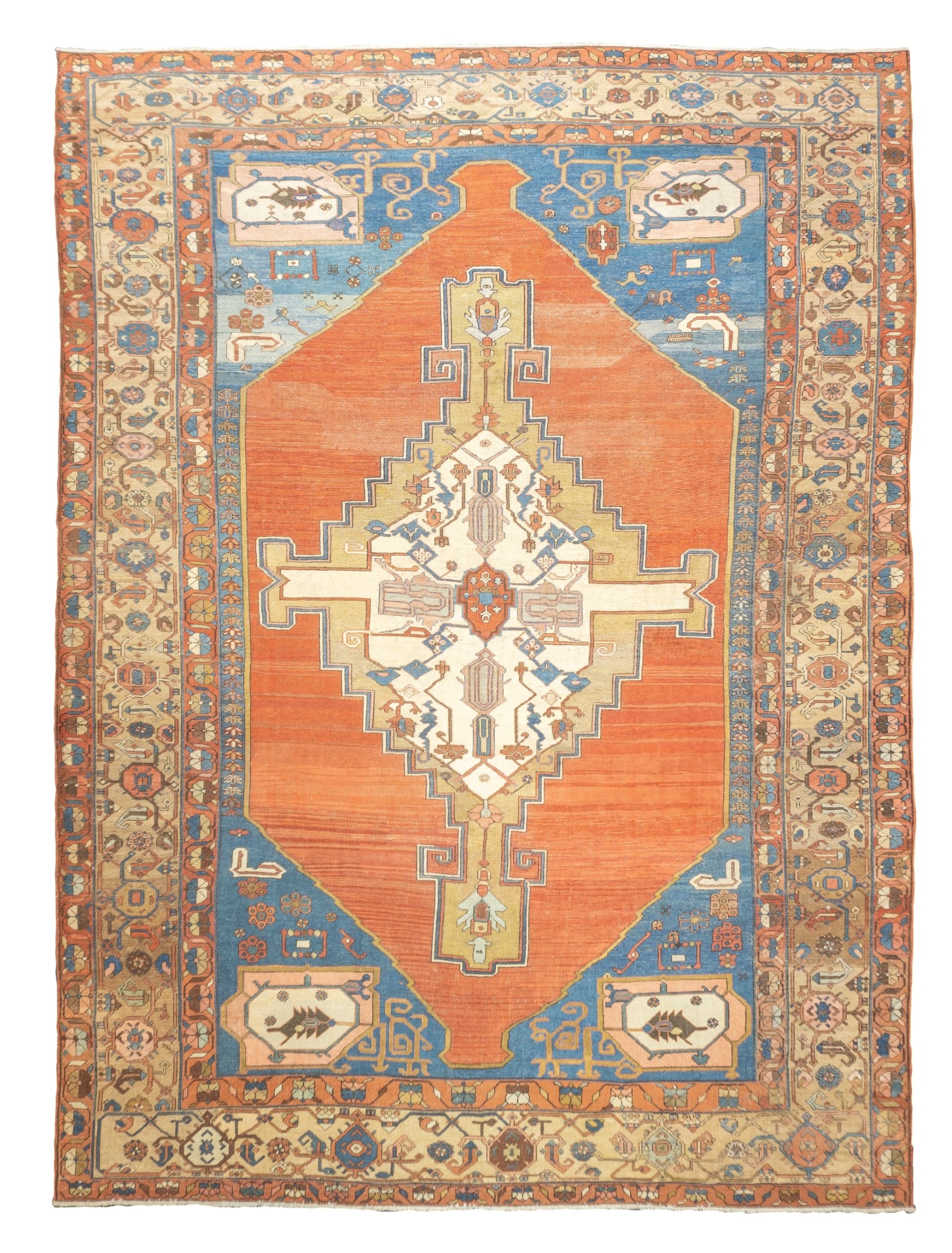 Bakhshayesh Rug 10'10" x 14'6" (3.30 x 4.42 M): A type of Heriz, generally in squarish sizes, allover patterns and coarse to moderate weaves, wool or mixed constructions; woven before 1900. Term is often extended to early medallion, later 19th cent