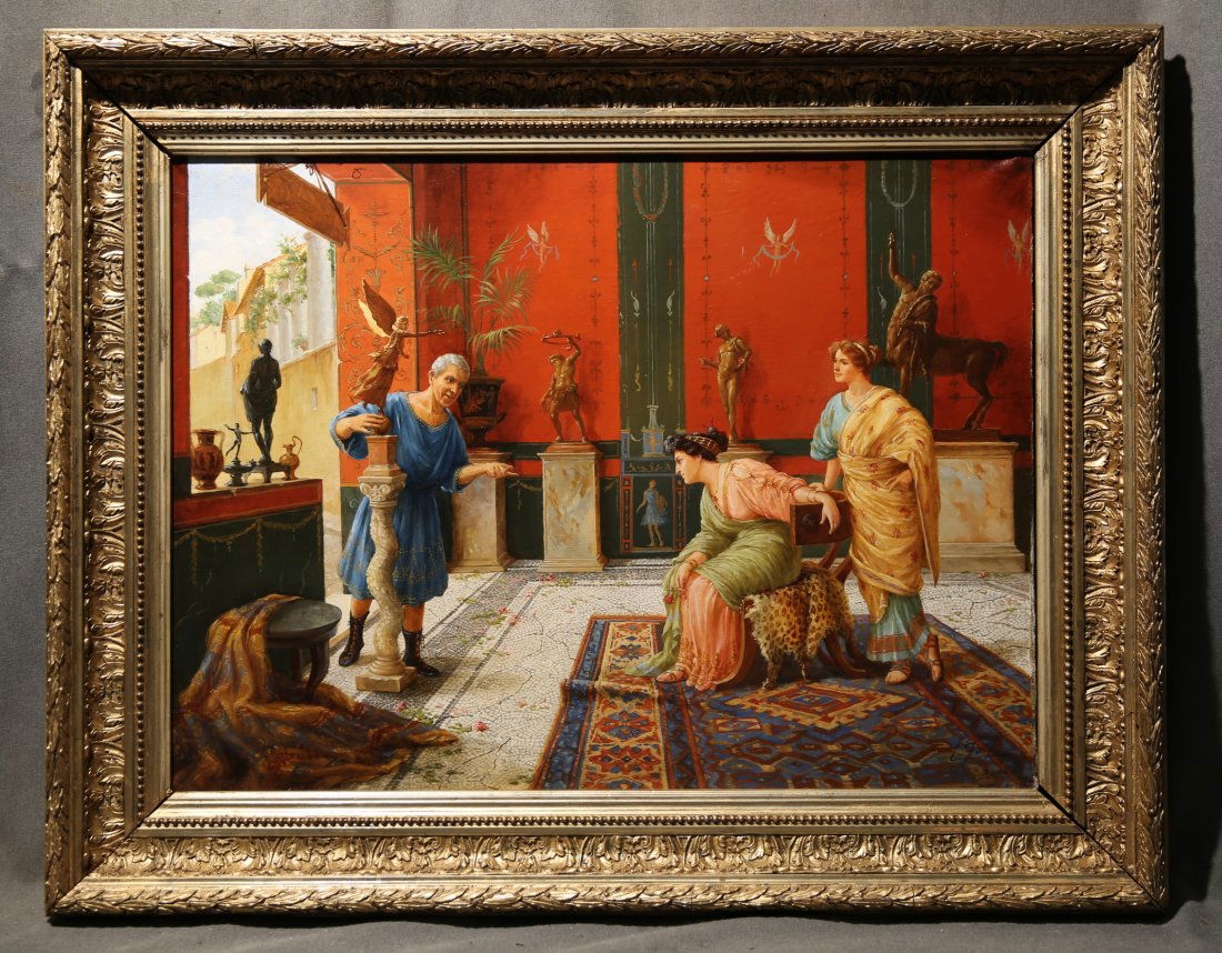 Ettore Forti Oil on Canvas: Ettore Forti oil on canvas 19.25" x 25.5" frame: 25.25" x 31.75" Il mercante di tappeti; Il mercante d'arte