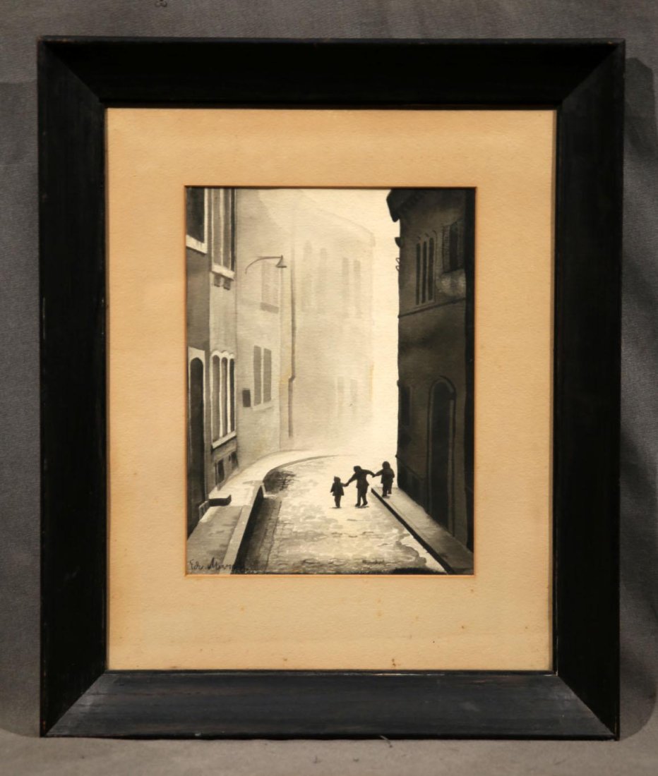 Edvard Munch Watercolor on Paper: Edvard Munch (NORWEGIAN, 1863–1944) watercolor on paper 13 1/2" x 10" Frame: 23 3/4" x 19 5/8" Figures in alleyway. Signed lower left. Framed under glass.
