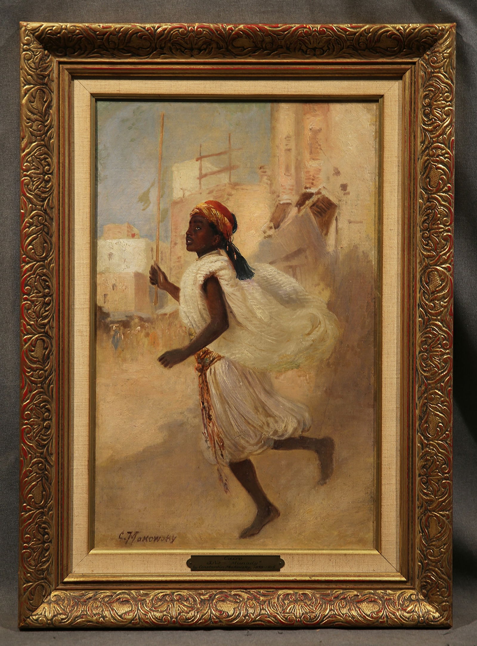 Konstantin Egorovich Makovsky Oil on Wood Panel: Konstantin Egorovich Makovsky (RUSSIAN, 1839?1915) oil on wood panel 19" x 12 1/4" Frame: 24 1/8" x 17 3/8" Orientalist oil on canvas board. "Munady" Signed lower left 'C. Makowsky" with b