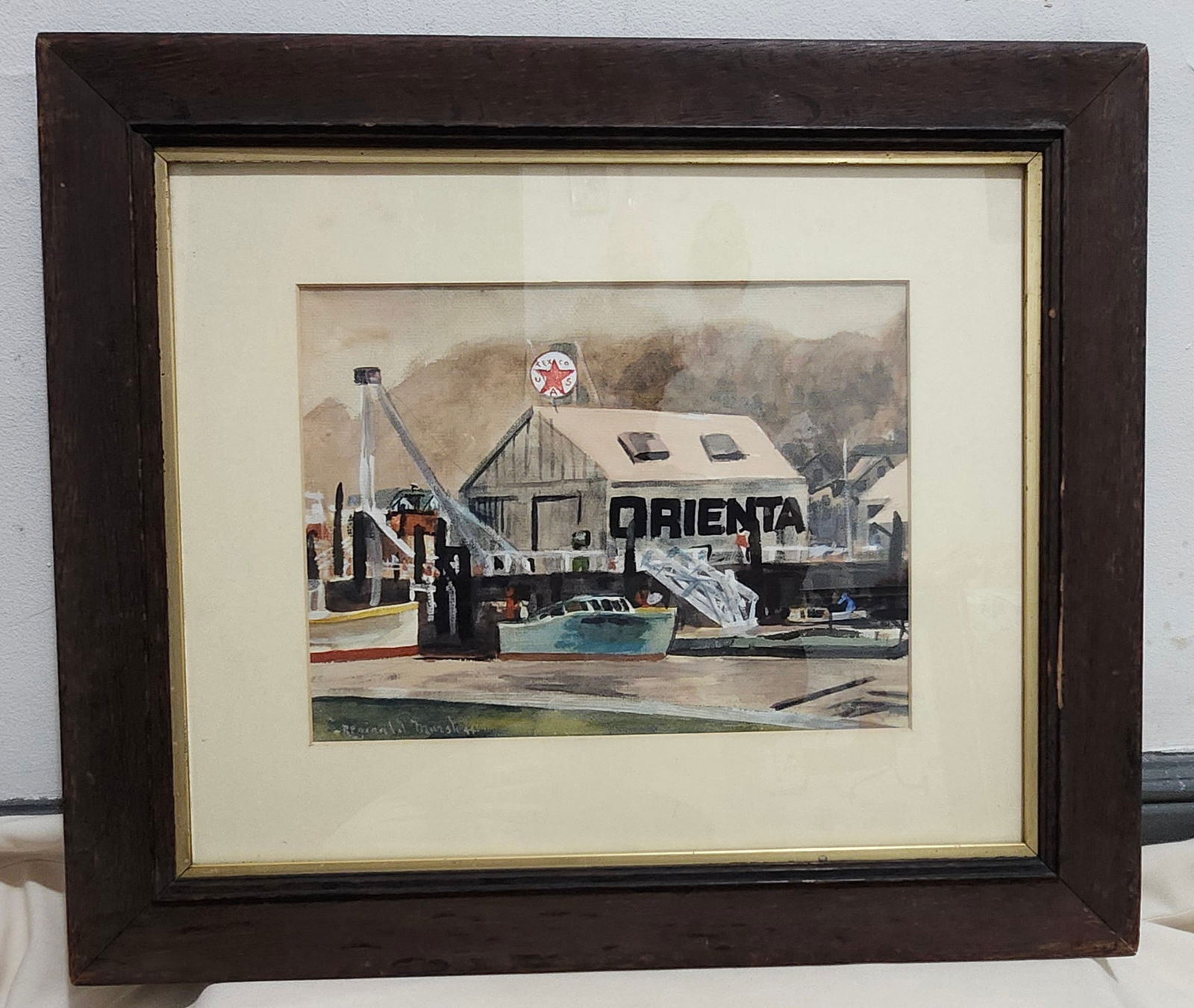 Reginald Marsh Painting: Reginald Marsh, important American Artist,( 1898 – 1954). Pencil, watercolor and gouache on paper. A dock house labeled ORIENTA with a Texaco gasoline sign on its roof. A motor boat on the water is