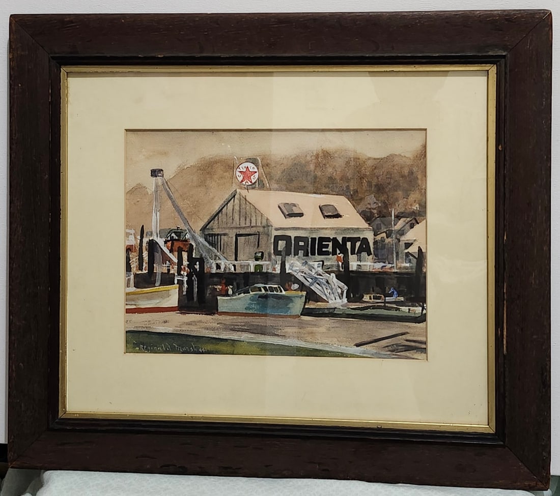 Reginald Marsh ( 1898 – 1954) - Pencil, Watercolor and Gouache on Paper: Reginald Marsh, important American Artist,( 1898 – 1954). Pencil, watercolor and gouache on paper. A dock house labeled ORIENTA with a Texaco gasoline sign on its roof. A motorboat on the water is b