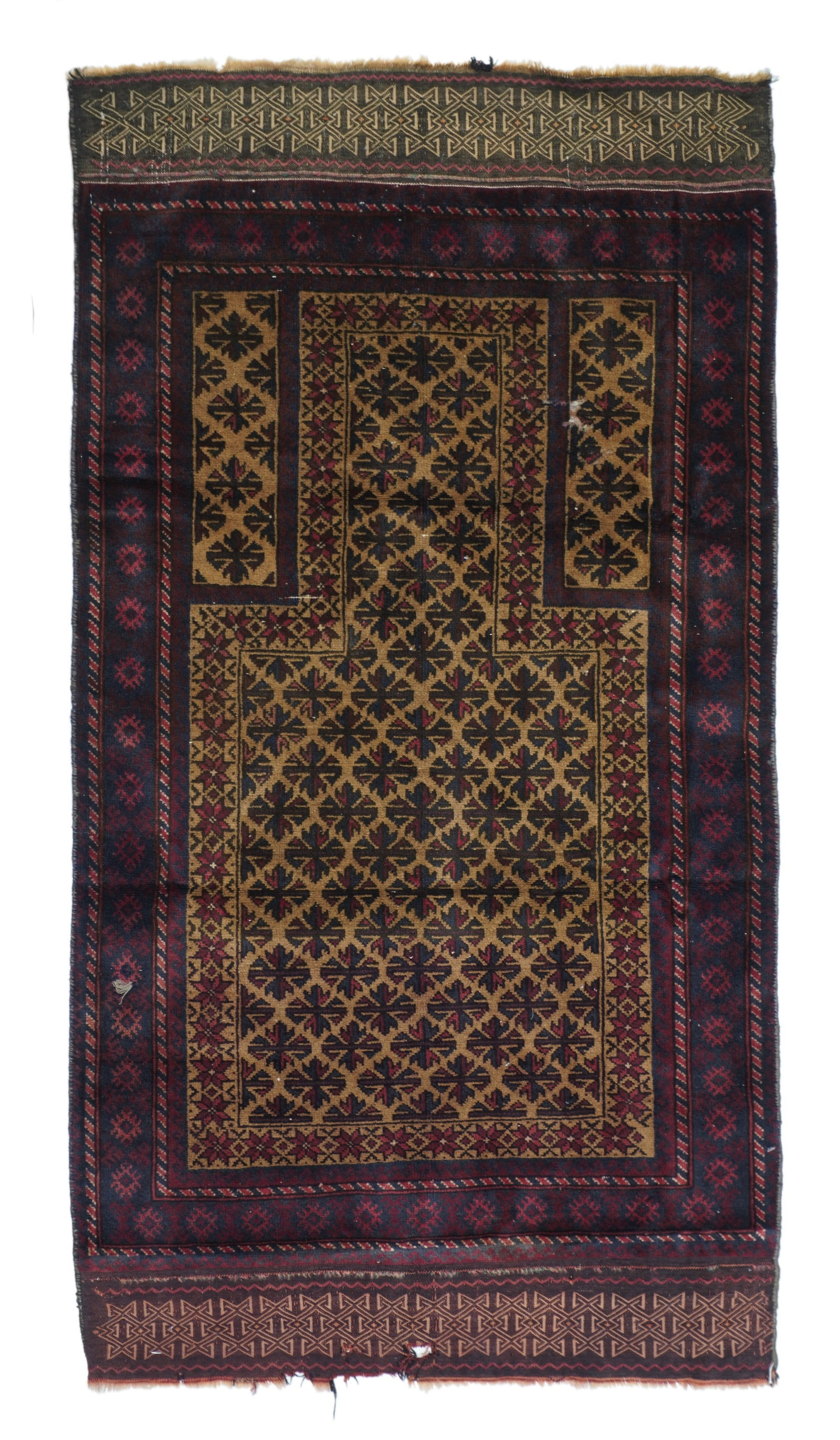 Vintage Balouch Rug 2'7" x 5' (0.79 x 1.52 M): The Aryan tribes of Khorassan, Sistan and NE Afghanistan, mostly nomadic, weaving small rugs in allover, medallion and niche (prayer) designs, often with genuine camel-hair fields. Moderate to fine we