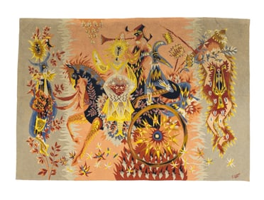 French Mid Century Tapestry Signed E. Simon 4?4" x 6?5" (1.32 x 1.96 M)