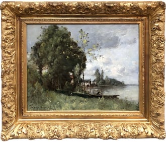 Paul Desire Trouillebert (1829 - 1900) - Fisherman in a Boat with a Mill in the Distance