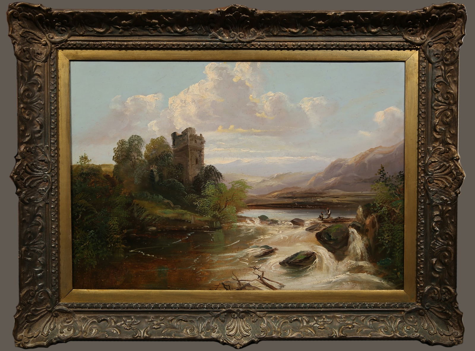 Hermann Herzog Oil on Panel: Hermann Herzog (AMERICAN-GERMAN, 1832 - 1932)??? Oil on Panel 18" x 26" Frame: 25" x 33" River Castle Landscape