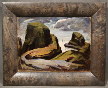 Thomas Hart Benton (AMERICAN, 1889-1975)  Mountainscape: Thomas Hart Benton (AMERICAN, 1889-1975)&#160; &#160; Oil on panel&#160; &#160; 12" x 16" Frame: 17.5" x 21.5"&#160; &#160; Mountainscape. "White Sea" "East Gloucester"&#160; &#160; &#160;