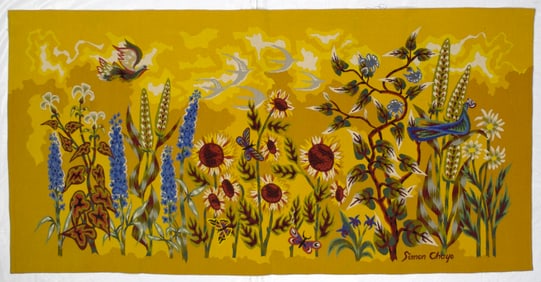 Mid Century French Tapestry Signed and Design by Simon Chase 3'4" x 6'7" ( 1.02 x 2.01 M)