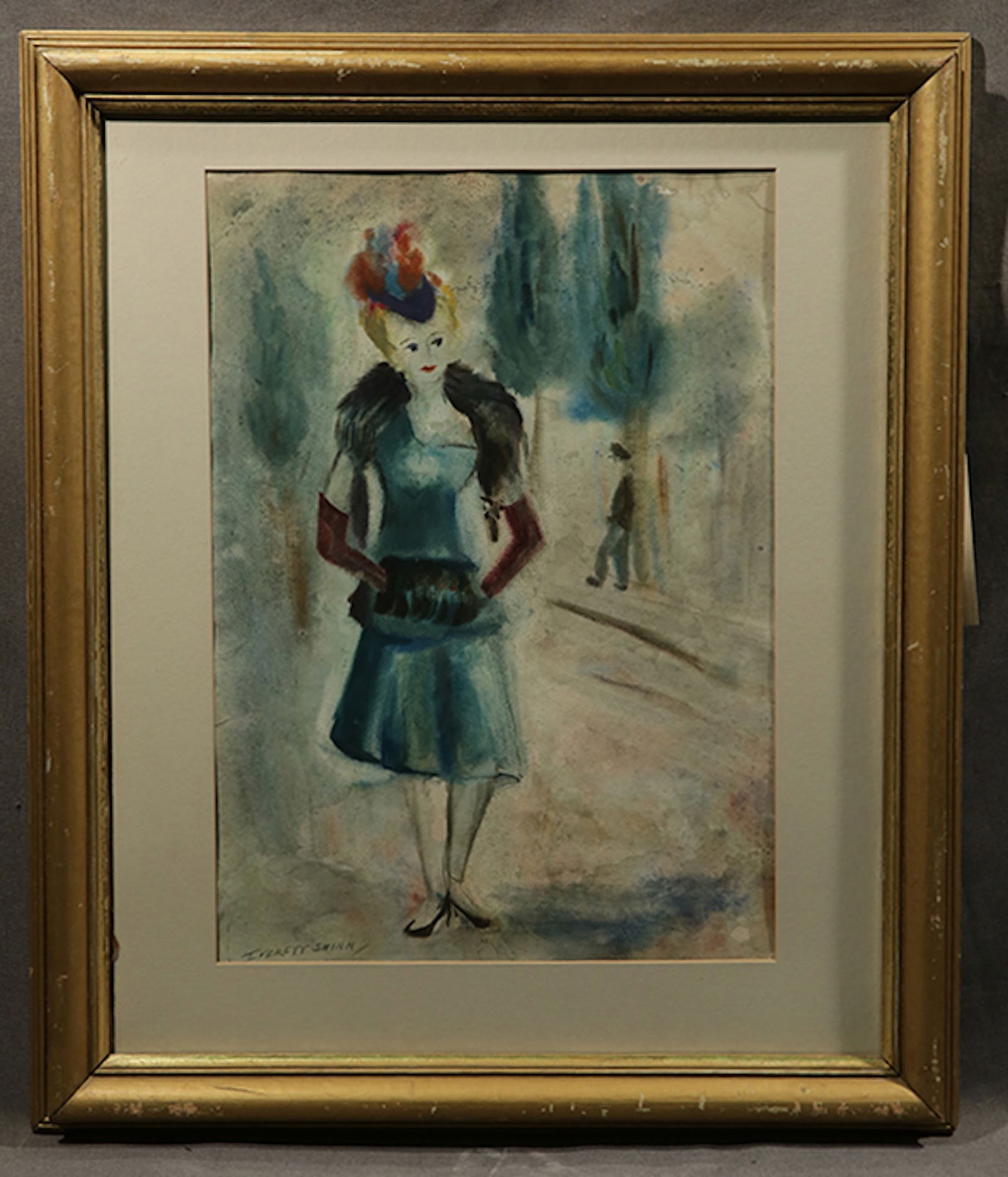 Everett Shinn, Watercolor on Paper: Everett Shinn (AMERICAN, 1876-1953). Watercolor on paper. 20"x14" Lady Walking
